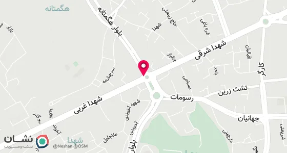 نقشه موقعیت تقریبی دفتر: همدان- خیابان شهدا- نرسیده به میدان پروانه ها-روبروی بانک رفاه