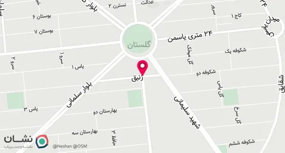 نقشه موقعیت تقریبی دفتر: تهران، رباط کریم ، گلستان ، فلکه دوم ، خ 24 متری بوستان خ زنبق پ 6