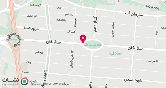 نقشه موقعیت تقریبی دفتر: تهران، ستارخان، بعد از فلکه اول صادقیه،نرسیده به خسرو، جنب بانک انصار، مجتمع شیرزاد، پلاک 958 طبقه3