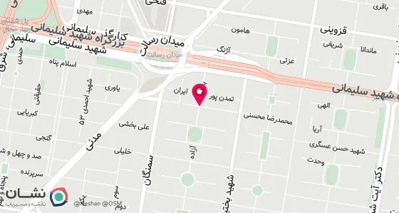 نقشه موقعیت تقریبی دفتر: میدان رسالت ضلع جنوبشرقی نبش خیابان 77 (بابالو) پلاک 180 طبقه اول واحد شمالی