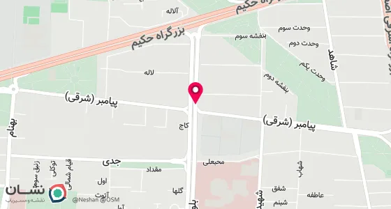 نقشه موقعیت تقریبی دفتر: تهران صادقیه بلوار آیت الله کاشانی بلوار اباذر نبش پیامبر ساختمان سبز پلاک 72
