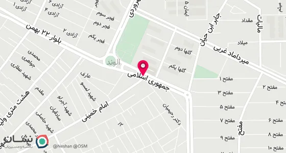 نقشه موقعیت تقریبی دفتر: البرز .الوند خیابان ده متری روبروی پارک سرداران ساختمان رشیدی پلاک 1
