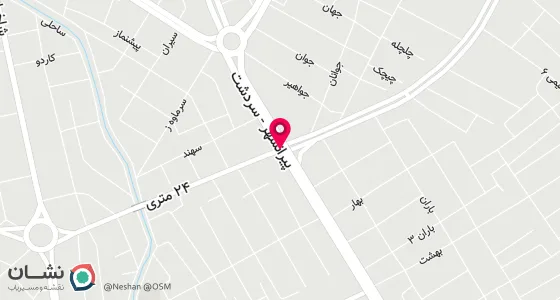 نقشه موقعیت تقریبی دفتر: پیرانشهر پایین تر از میدان استاد هه ژار (فلکه کشاورزی) ابتدای خ 24 متری جانبازان پلاک 197
