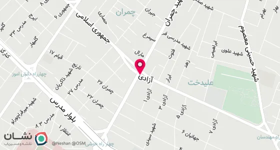نقشه موقعیت تقریبی دفتر: بجنورد-خیابان شهید چمران بعداز چهارراه آزادی(حنایی)ساختمان دوم پلاک1001